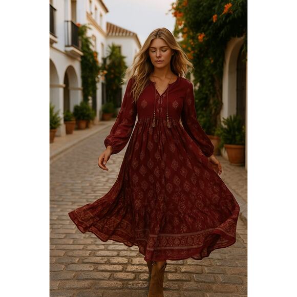 70s Adini Burgundy Boho Maxi Dress | Gold Print Empire Waist Tassel Beads Fall - Picture 1 of 16